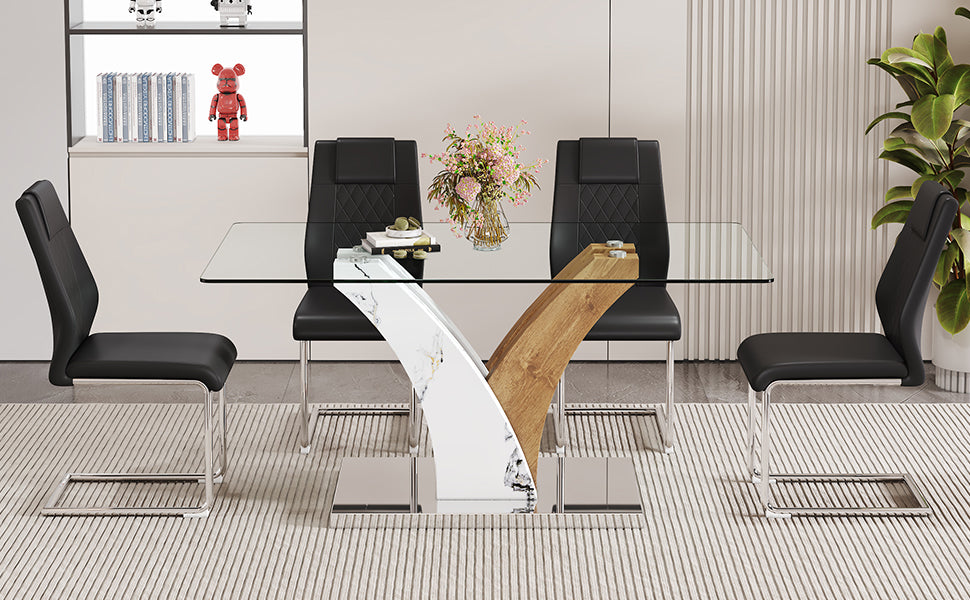 Table And Chair Set.Modern Dining Table, Tempered Glass Countertop With Artistic Mdf Legs.Paried With 4 Comfortable Chairs With Pu Seats And Metal Legs. Suitable For Various Decoration Styles. Black,Transparent Seats 4 Mdf Glass