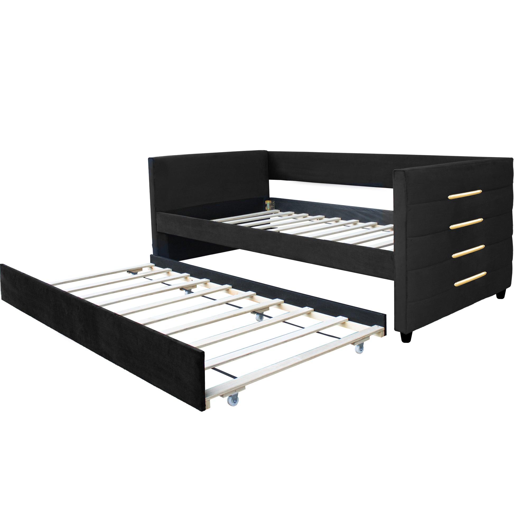 Black Upholstered Twin Size Daybed With Trundle, Velvet Fabric, Gold Iron Bar Design, No Springs Required, Moderen Style Box Spring Not Required Twin Black Wood Espresso Bedroom Minimalist,Modern,Ultra Modern Rubberwood Fiber Foam And Polyester Fiber Pad