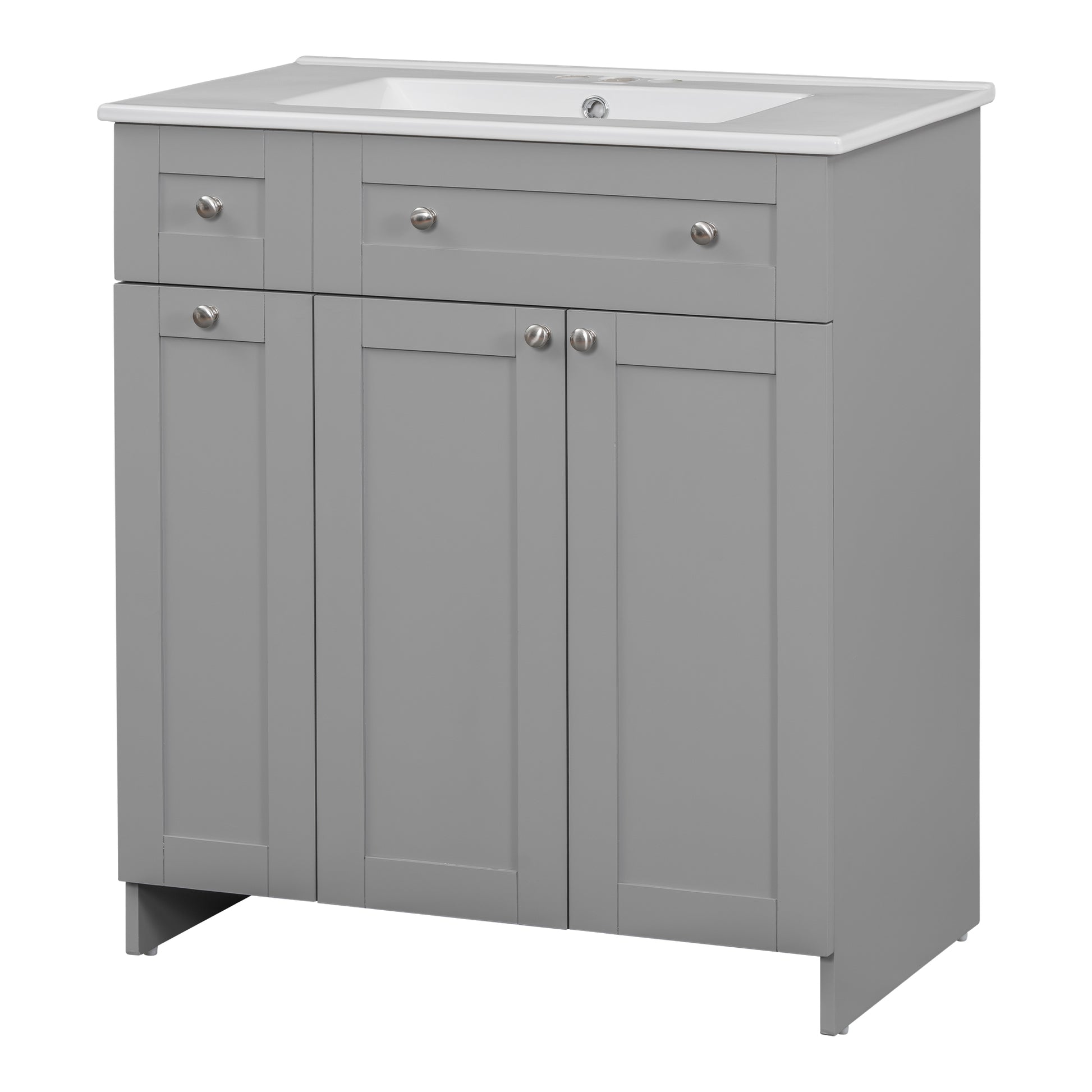 30 Inch Grey Bathroom Vanity With Ceramic Sink Combo, Abundant Storage Cabinet 2 Soft Close Doors And Double Tier Deep Drawer Grey Bathroom Mdf