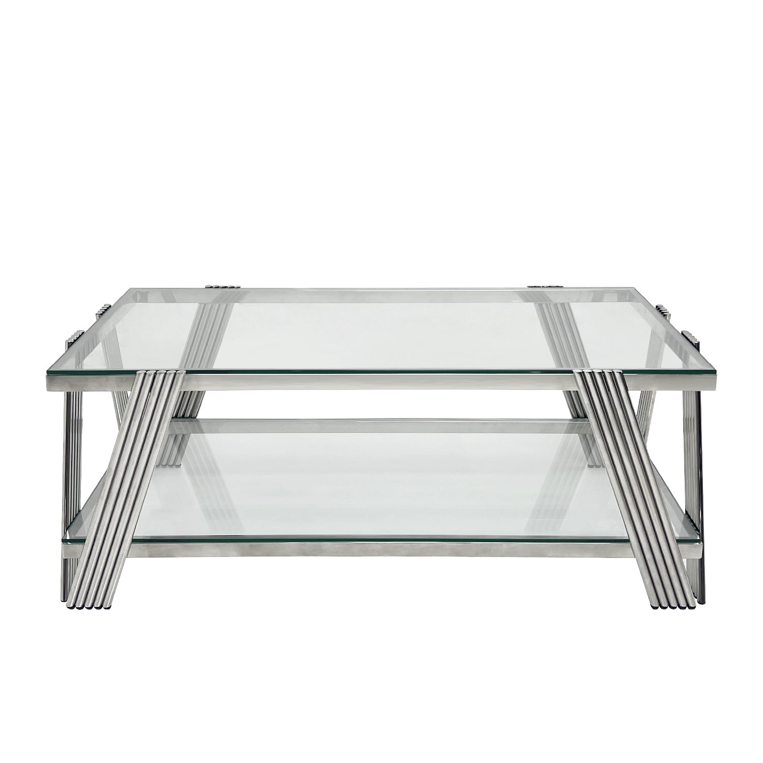 Modern Stainless Steel Coffee Table Set Set Of 3 , Double Layer Clear Tempered Glass Table Top, Coffee Table & Two End Side Table 3 Pieces Sets For Living Room Home Office, Silver Clear,Silver