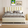 Queen Size Upholstered Platform Bed With 2 Drawers And 1 Trundle, Classic Metal Strip Headboard Design, Beige Queen Beige Mdf Lvl