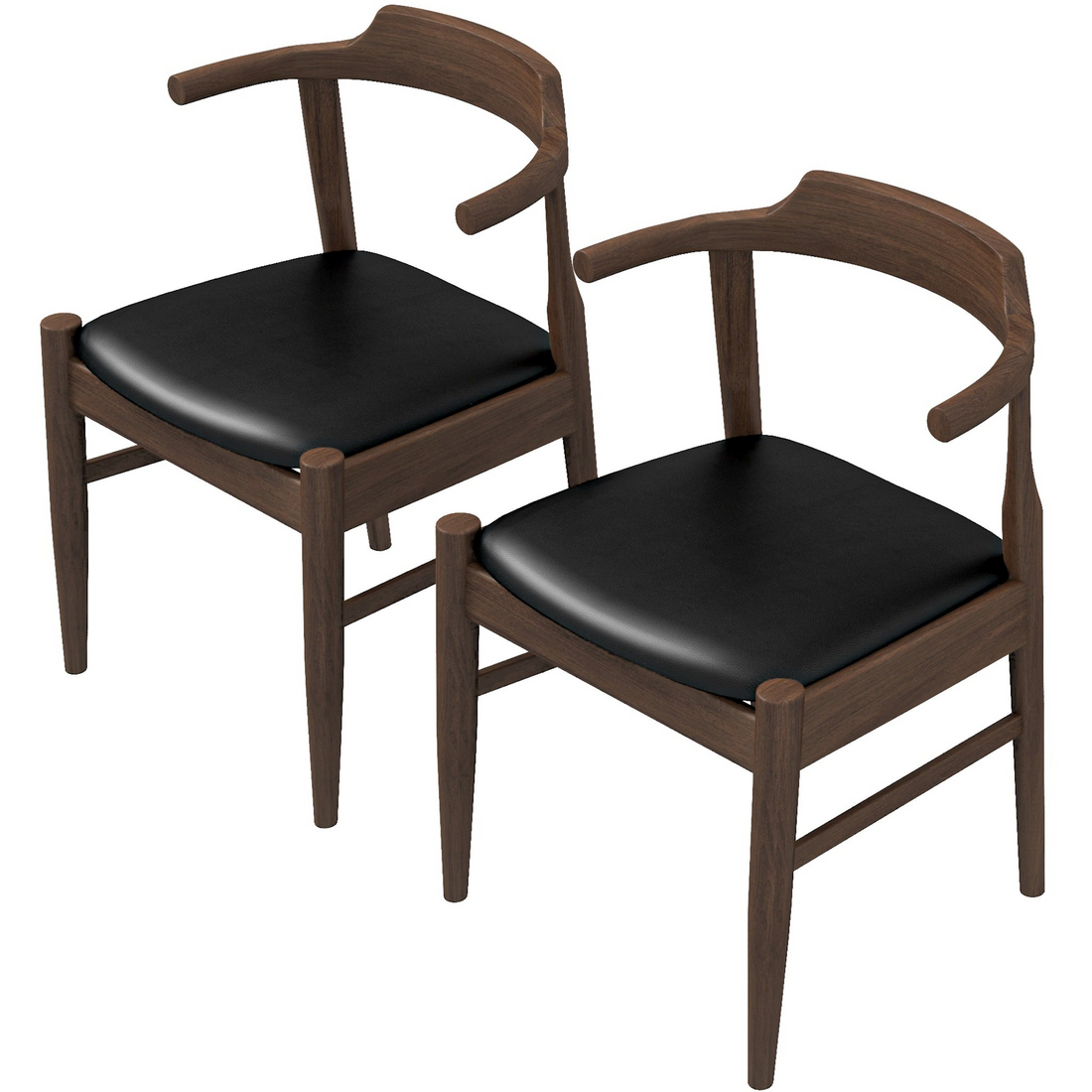 Leon Mid Century Modern Leather Dining Chair Set Of 2 Solid Black,Wood Brown Dining Room Foam Wipe Clean Mid Century Modern Dining Chairs Set Of 2 Foam Leather,Solid Wood