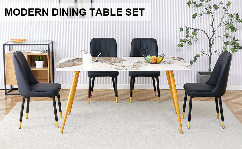 Table And Chair Set.Modern Minimalist Dining Table. White Imitation Marble Pattern Sintered Stone Desktop With Golden Metal Legs.Paried With 4 Comfortable Chairs With Pu Seats And Black Metal Legs.