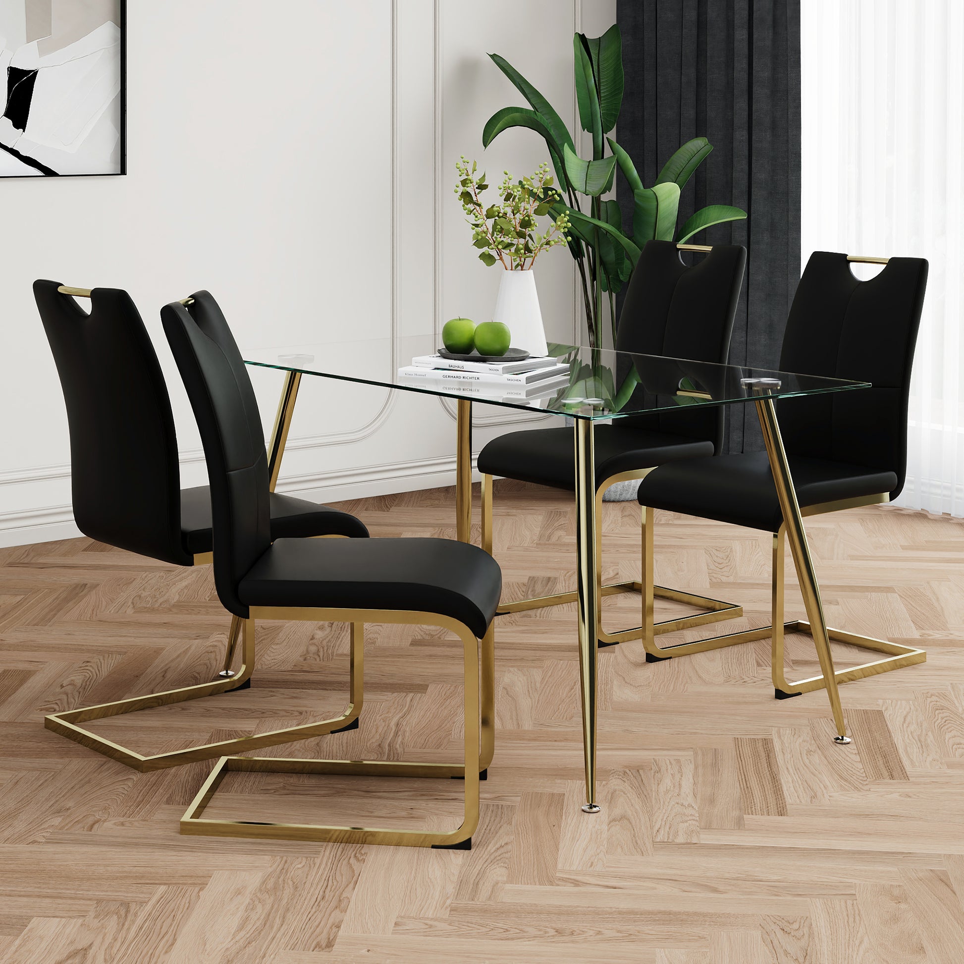 Modern Simple Rectangular Glass Dining Table, Wear Resistant Tempered Glass Countertop, Gold Plated Legs, Black Pu Dining Chair Set, Suitable For Restaurant Kitchen Use Set Of 5 Upholstered Chair