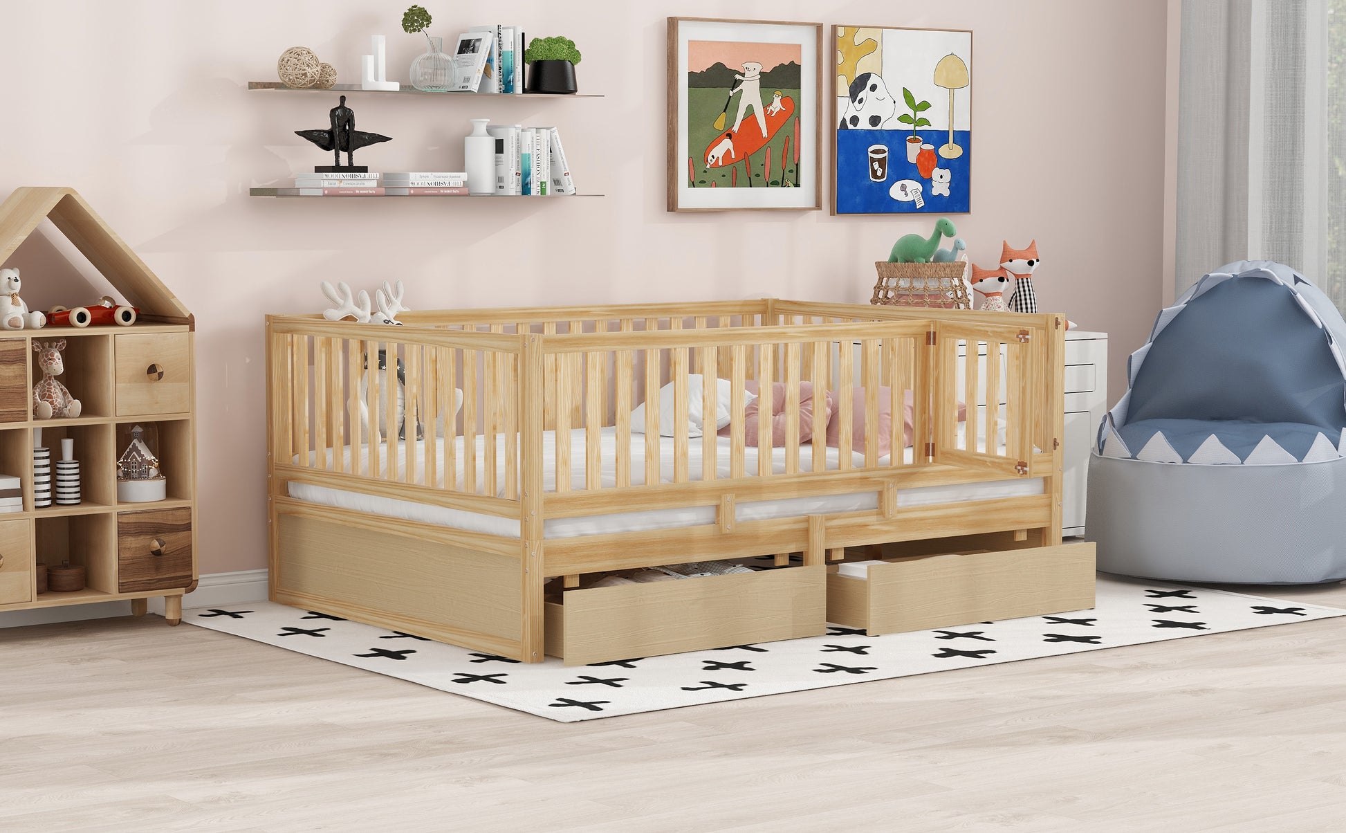 Full Size Wood Daybed With Fence Guardrails And 2 Drawers, Split Into Independent Floor Bed & Daybed, Natural Old Sku :Lp000882Aan Full Natural Solid Wood Mdf