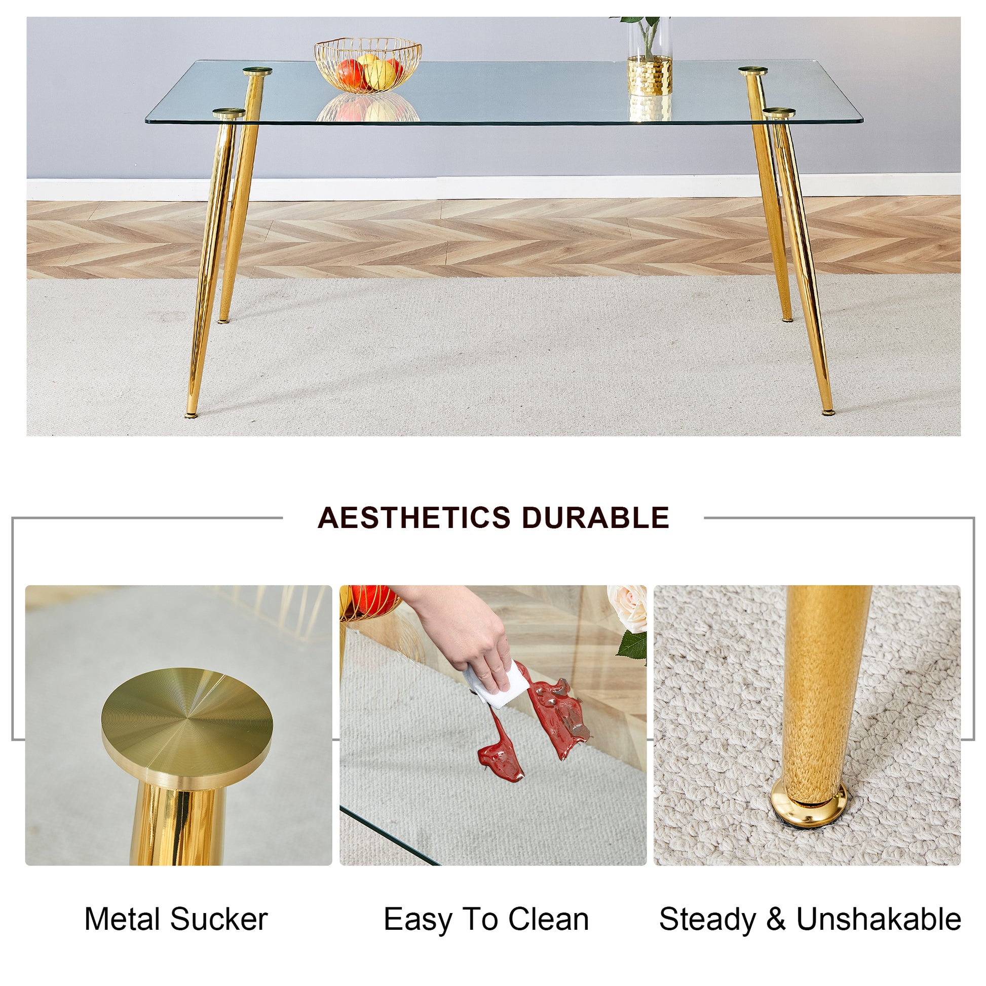 Table And Chair Set.Modern Rectangular Glass Dining Table With A Tempered Glass Tabletop And Metal Legs, Paired With Multiple Chairs Designed With Pu Cushions And Golden Metal Legs. Black Gold Seats 6 Tempered Glass