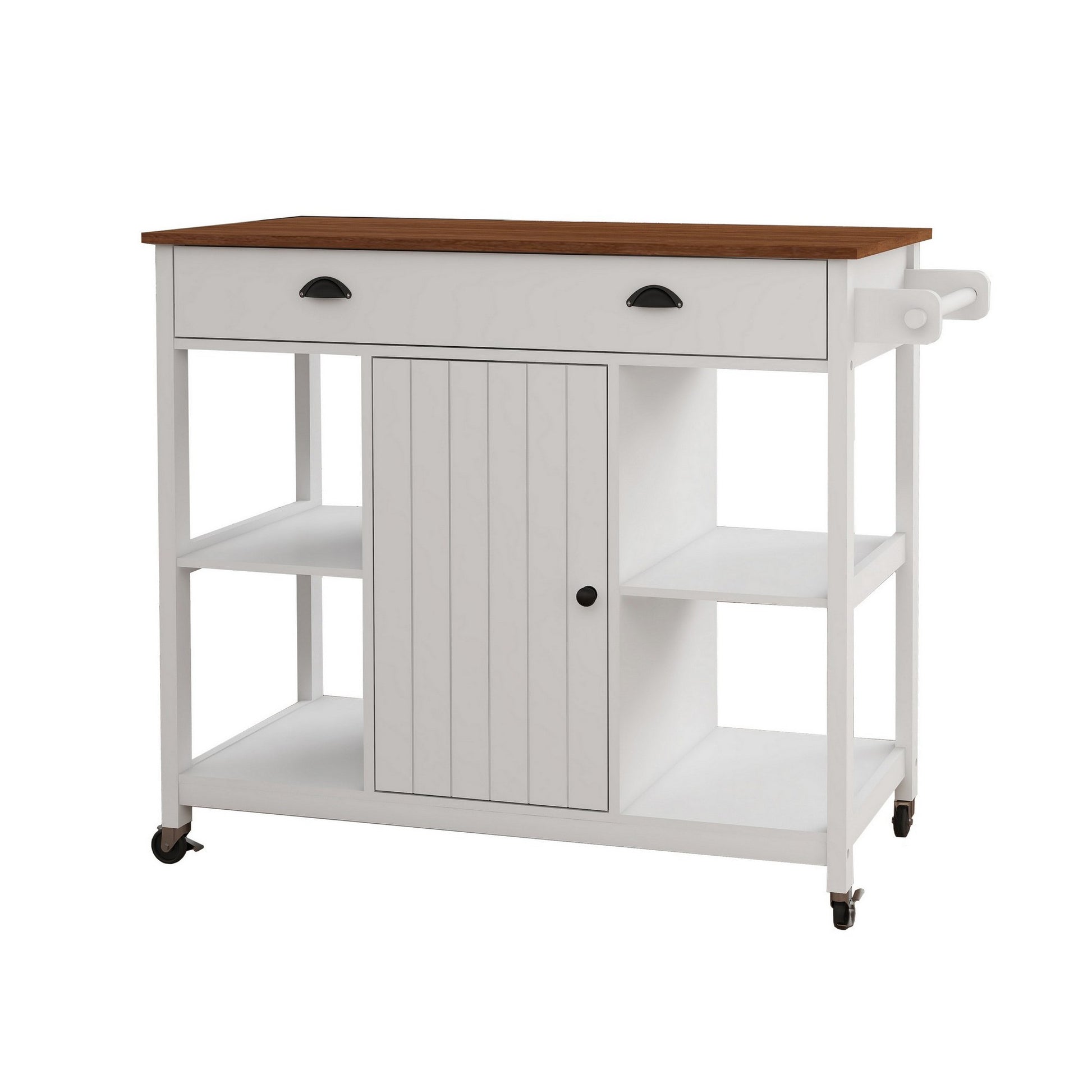 40 Inch Rolling Kitchen Cart, Open Shelves, Rich Brown Wood Surface, White Brown White Mdf