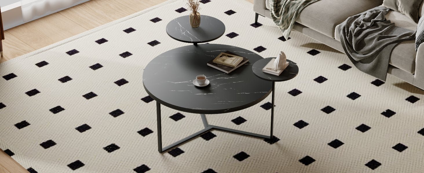 Modern Coffee Table With Two Display Shelves, Black Faux Marble Surfaces, Tripod Inspired Base,Rounded Tabletop Edges Matte Black Mdf