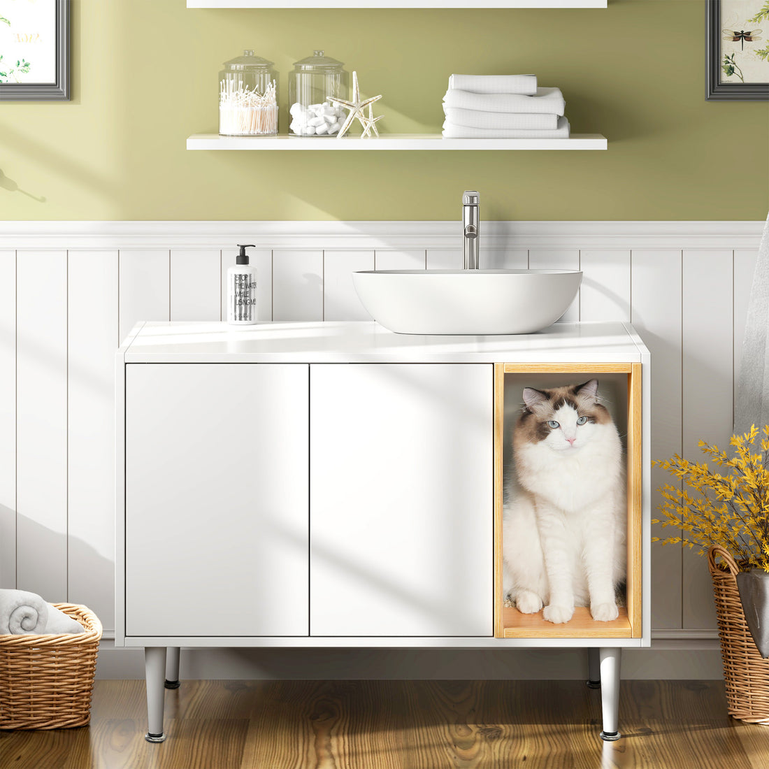 Bathroom Sink Cabinet With Cat Litter Box Enclosure, Hidden Litter Pet Washroom With Divider, Indoor Cat House For Large Cats, Wooden Cabinet Furniture, White White Vintage Particle Board