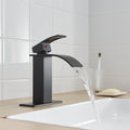 Matte Black Waterfall Single Handle Low Arc Bathroom Faucet With Drain Matte Black Brass