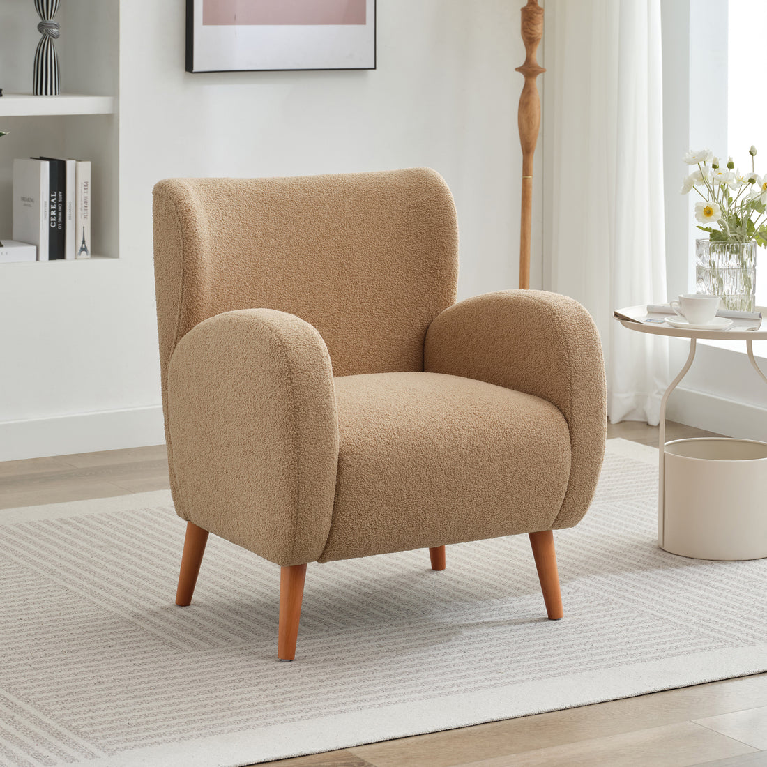Modern Wingback Lounge Chair Stylish Design, Soft Fabric, Solid Wood Legs, Durable Frame,Brown Camel Boucle