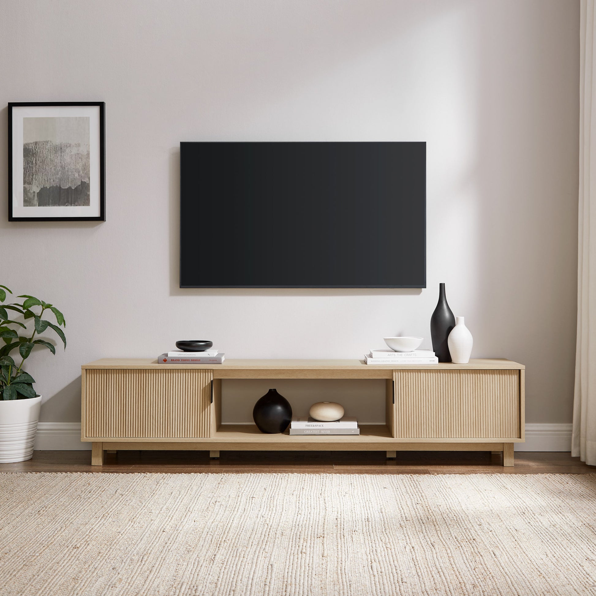 Modern Fluted Door Minimalist Tv Stand For Tvs Up To 80 Inches Coastal Oak Light Brown 80 89 Inches Mdf Mdf