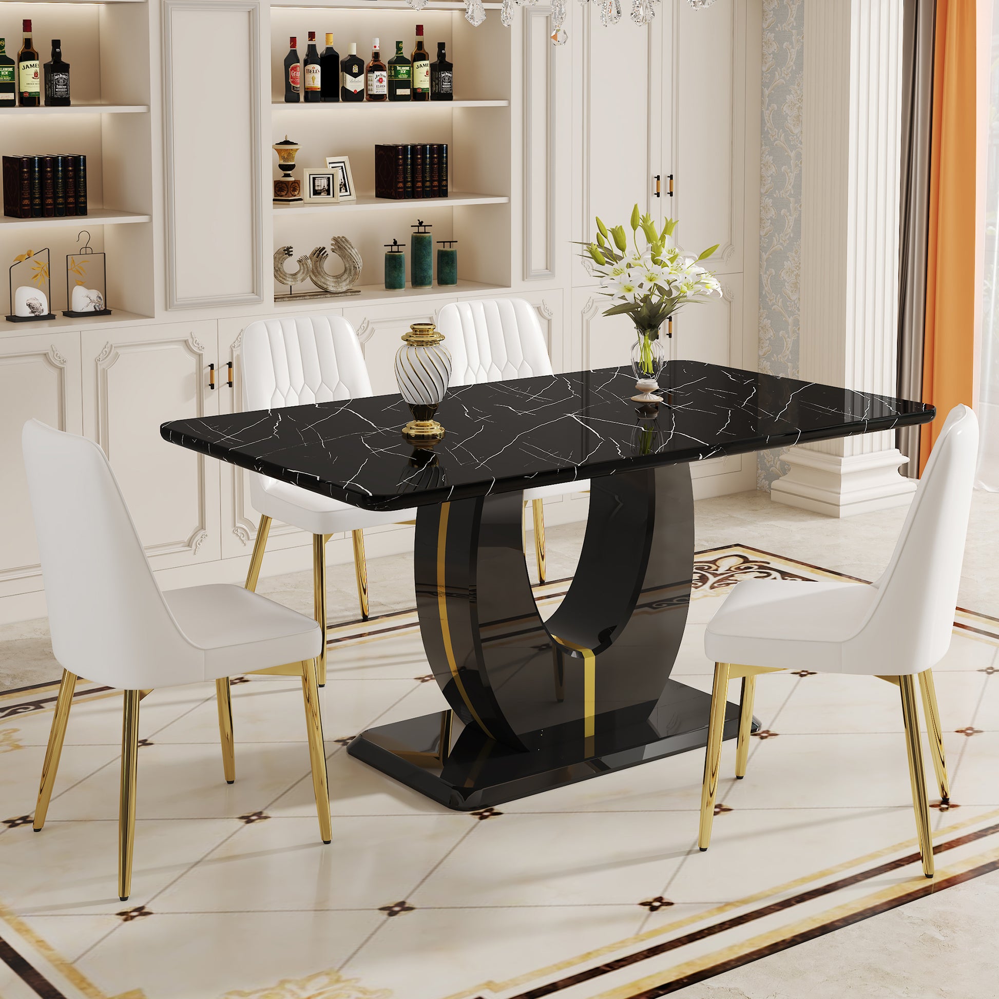 Table And Chair Set.63"W X 37"D X 30"H Black Marble Mdf Diningtable Set With 4 White Pu Chairs With Gold Metal Legs.Bring A Comfortable Home Experience To The Kitchen, Bedroom, And Office. White