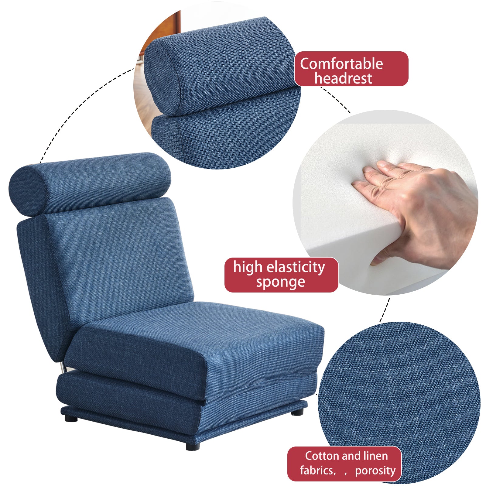Single Sofa Chair Foldable Single Sofa Bed With Pillow,Portable Foldable Sofa Bed,Leisure Sofa Chair,Easy To Store,Made Ofand Wearable Linen Blue Modern Foam Linen