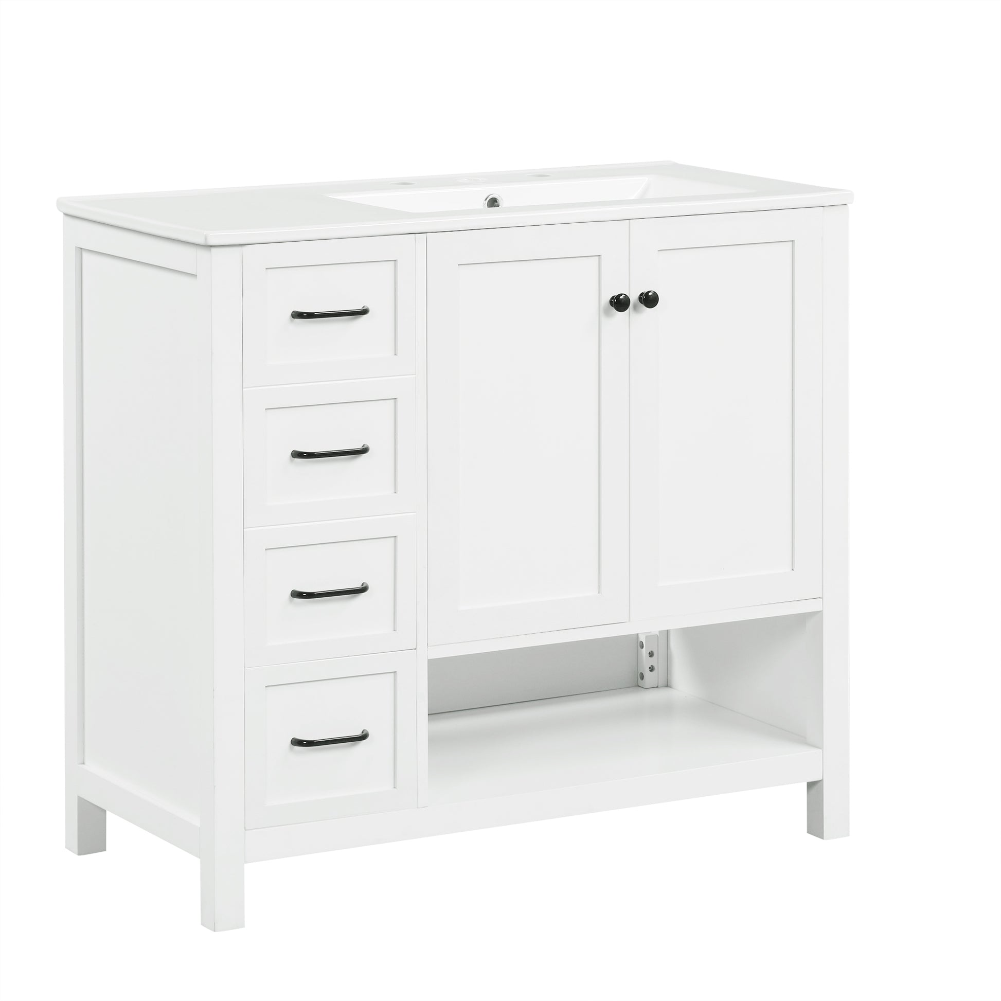 36" Bathroom Vanity With Sink Top, Bathroom Vanity Cabinet With Two Doors And Two Drawers, Solid Wood, Open Shelf, Mdf Boards, One Package, White White Solid Wood Mdf