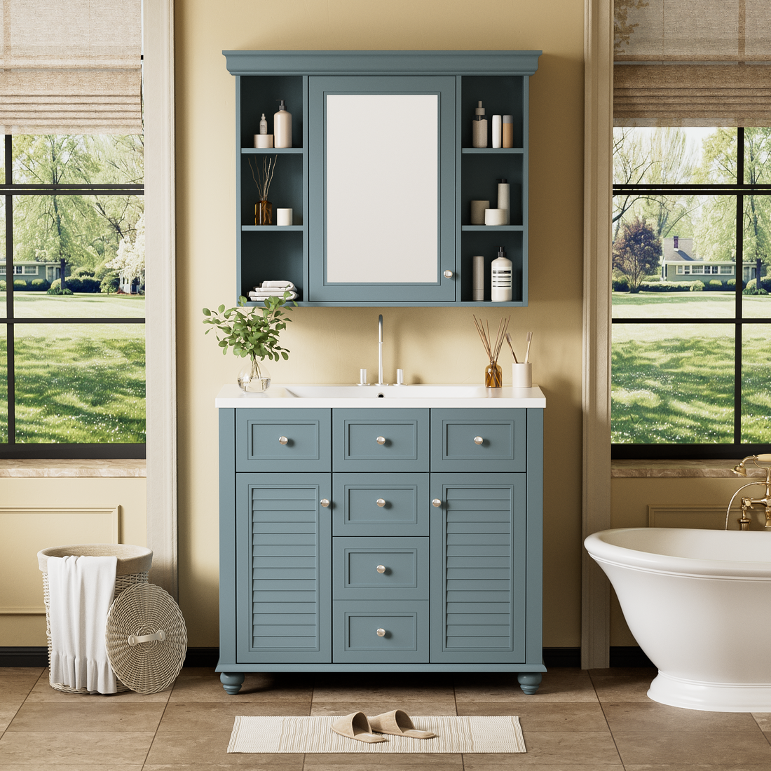 36'' Bathroom Vanity With Medicine Cabinet, Modern Mirror Cabinet With Adjustable Shelf, Bathroom Storage Cabinet With 2 Soft Closing Doors And 2 Drawers, Bathroom Vanity With Cabinet Door Organizers 2 Blue 2 Bathroom Freestanding French Country Solid