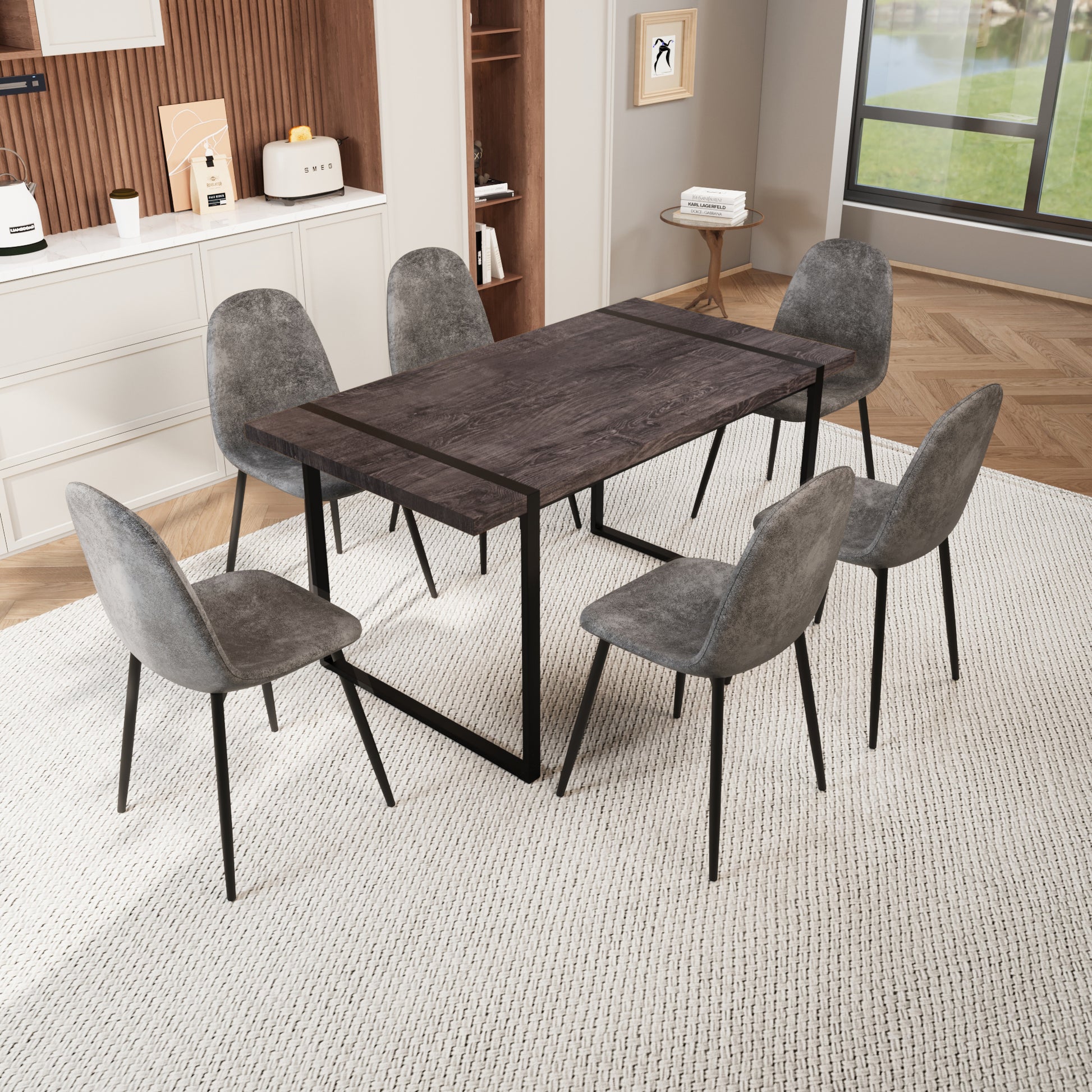 Mdf Black Wooden Dining Table And Modern Dining Chair Set Of 8 Pieces, Medieval Wooden Kitchen Dining Table Set, Black Metal Base, Dining Table And Suede Chair Set Buy 6 Chairs And Get 2 Free Grey