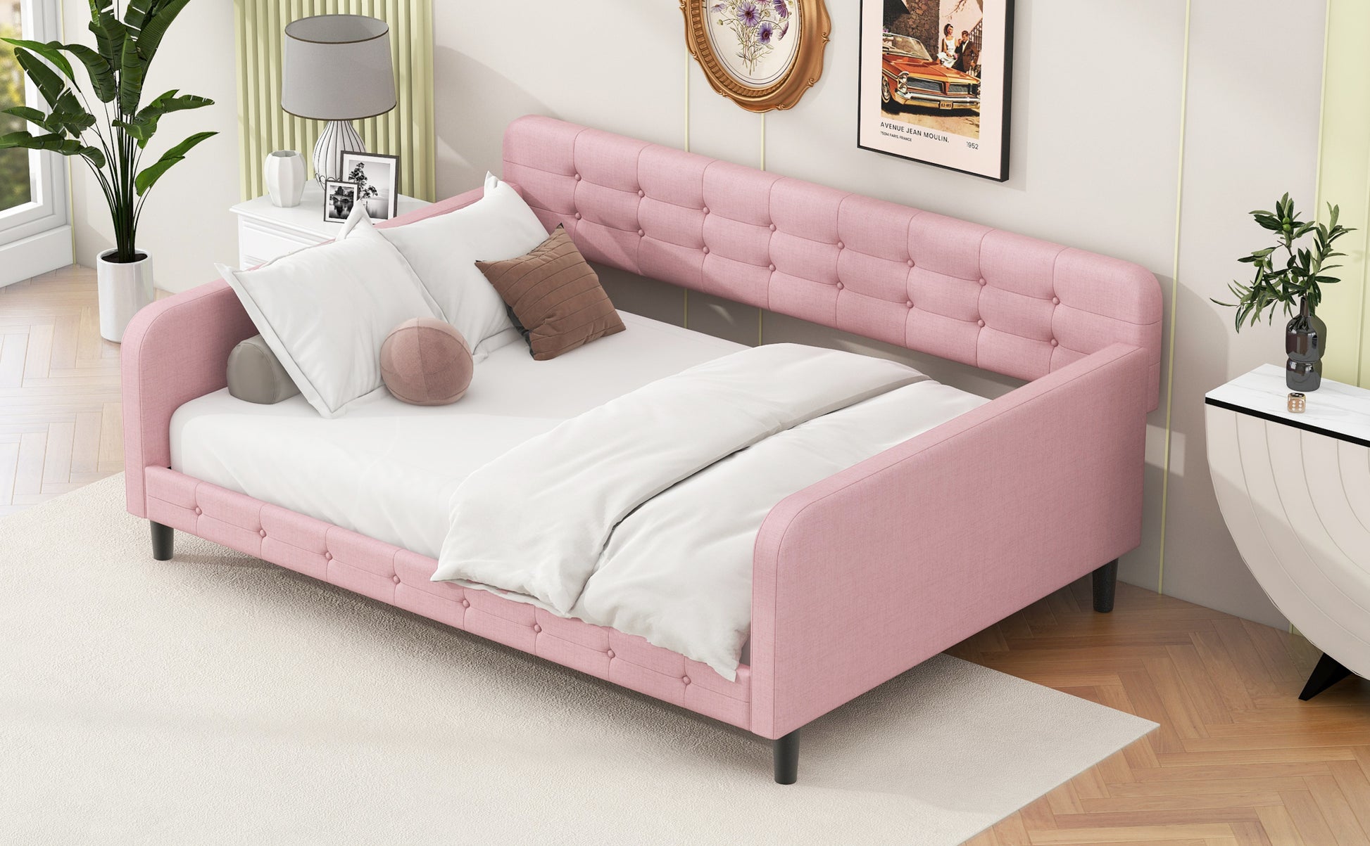 Full Size Upholstered Tufted Daybed With 4 Support Legs, Pink Box Spring Not Required Full Pink Wood Bedroom Daybeds Linen Upholstered