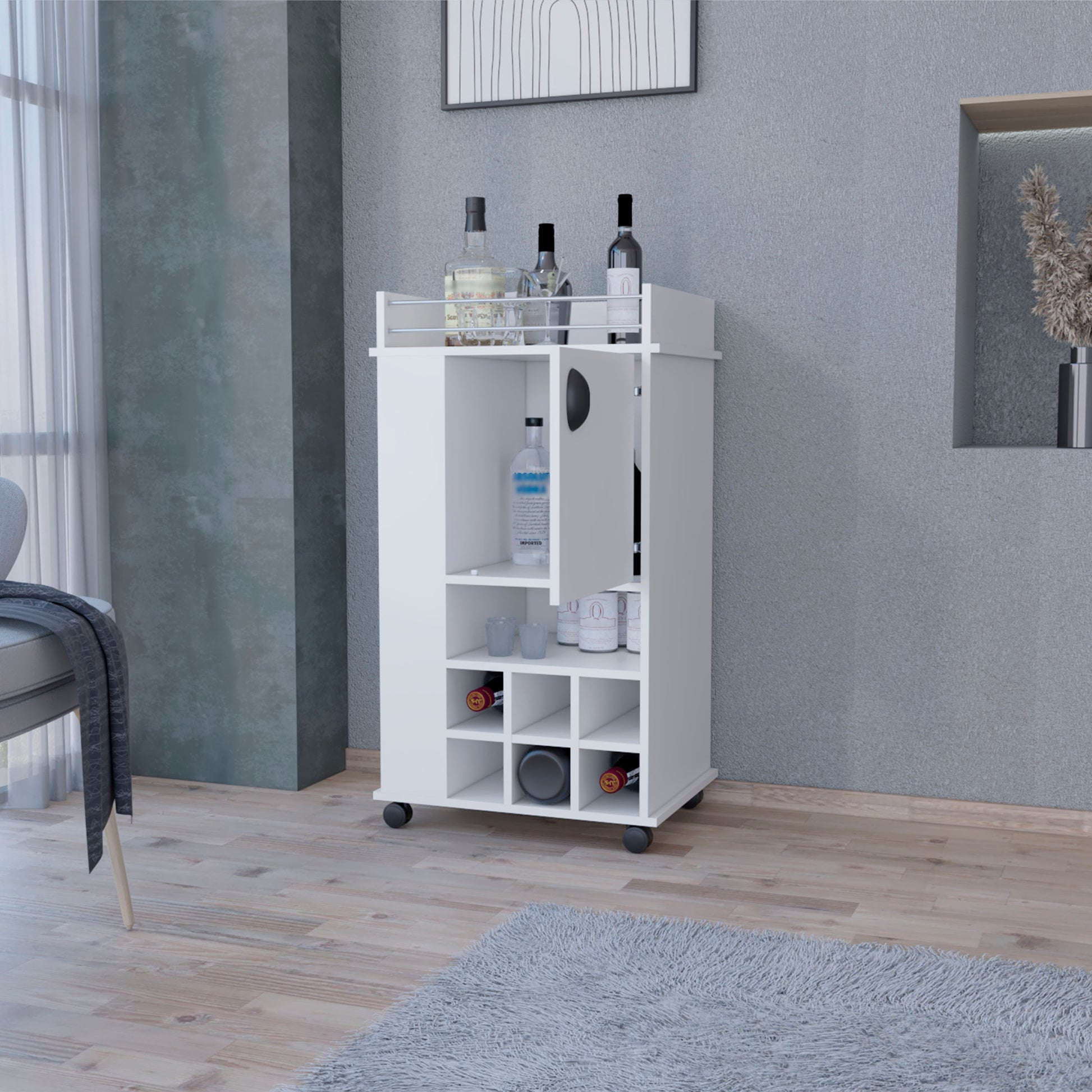 Farson Bar Cart With 2 Side Shelf, 6 Built In Wine Rack And Casters Freestanding 5 Or More Spaces White Primary Living Space Open Storage Space Contemporary Pine Particle Board Engineered Wood