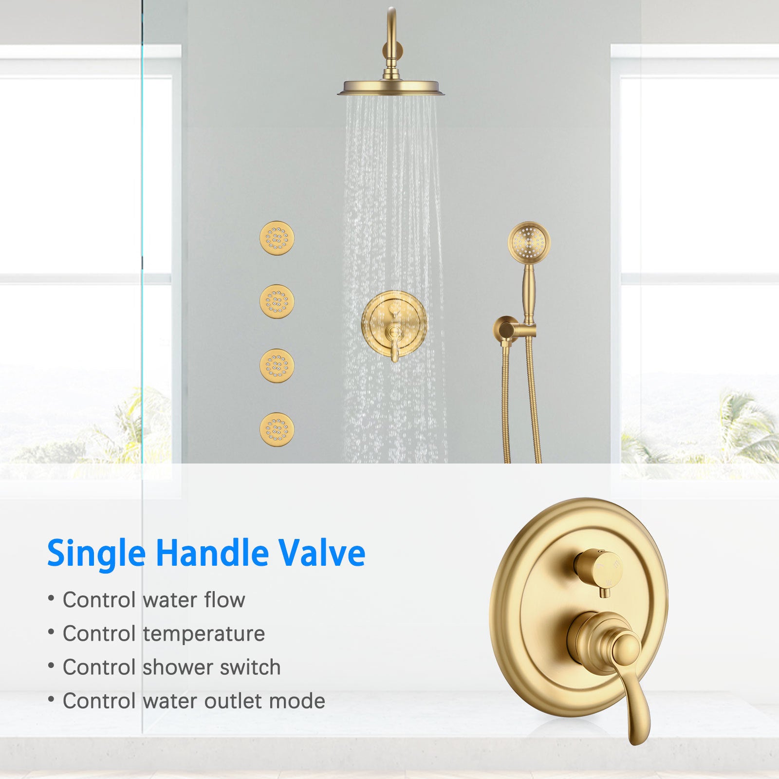 Brushed Gold Shower System With Handheld And 4 Body Sprays Brushed Gold Brass