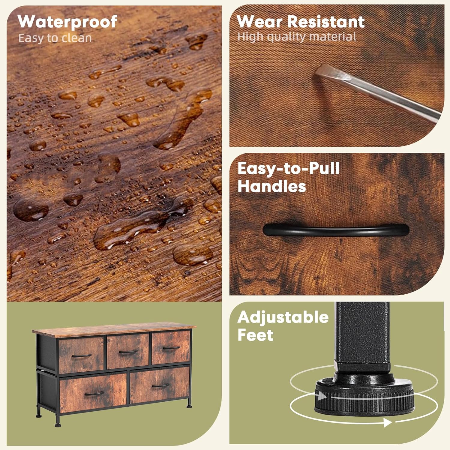 5 Drawers Dresser For Bedroom, Kidsroom Furniture, Wide Chest Of Drawers, Storage Organizer Units With Fabric Bins For Closet, Metal Frame, Waterproof Wood Top, Adjustable Feet, Rust Rust Wood