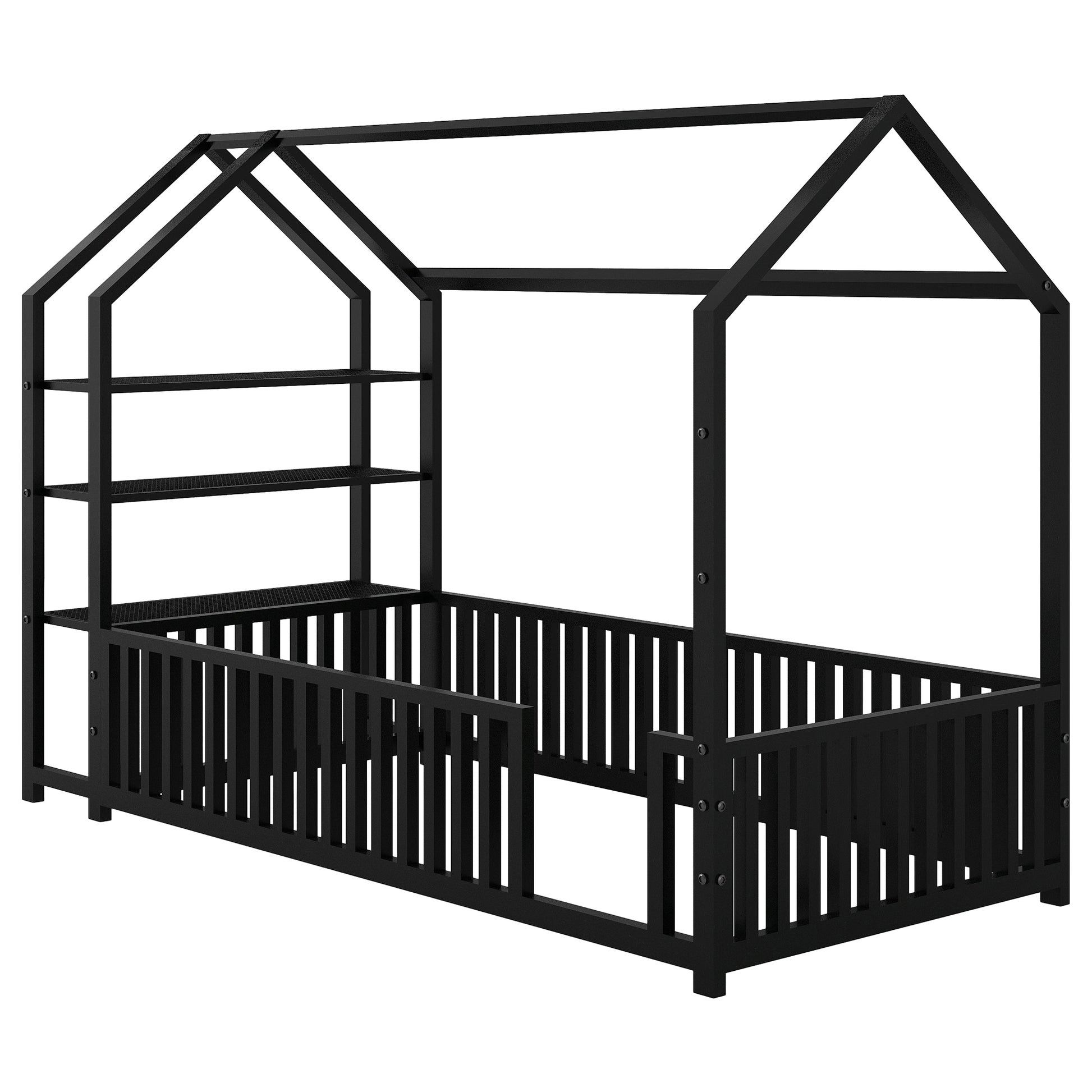 Twin Size Metal House Bed With Fence And Detachable Storage Shelves, Black Twin Black Metal
