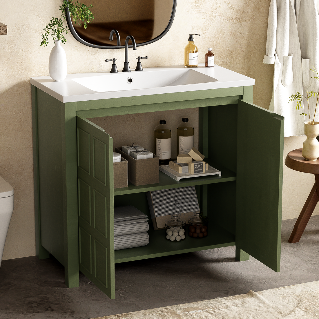 36" Bathroom Vanity Organizer With Sink, Combo Cabinet Set, Bathroom Storage Cabinet, Olive Green Olive Green Bathroom Solid Wood Mdf Resin