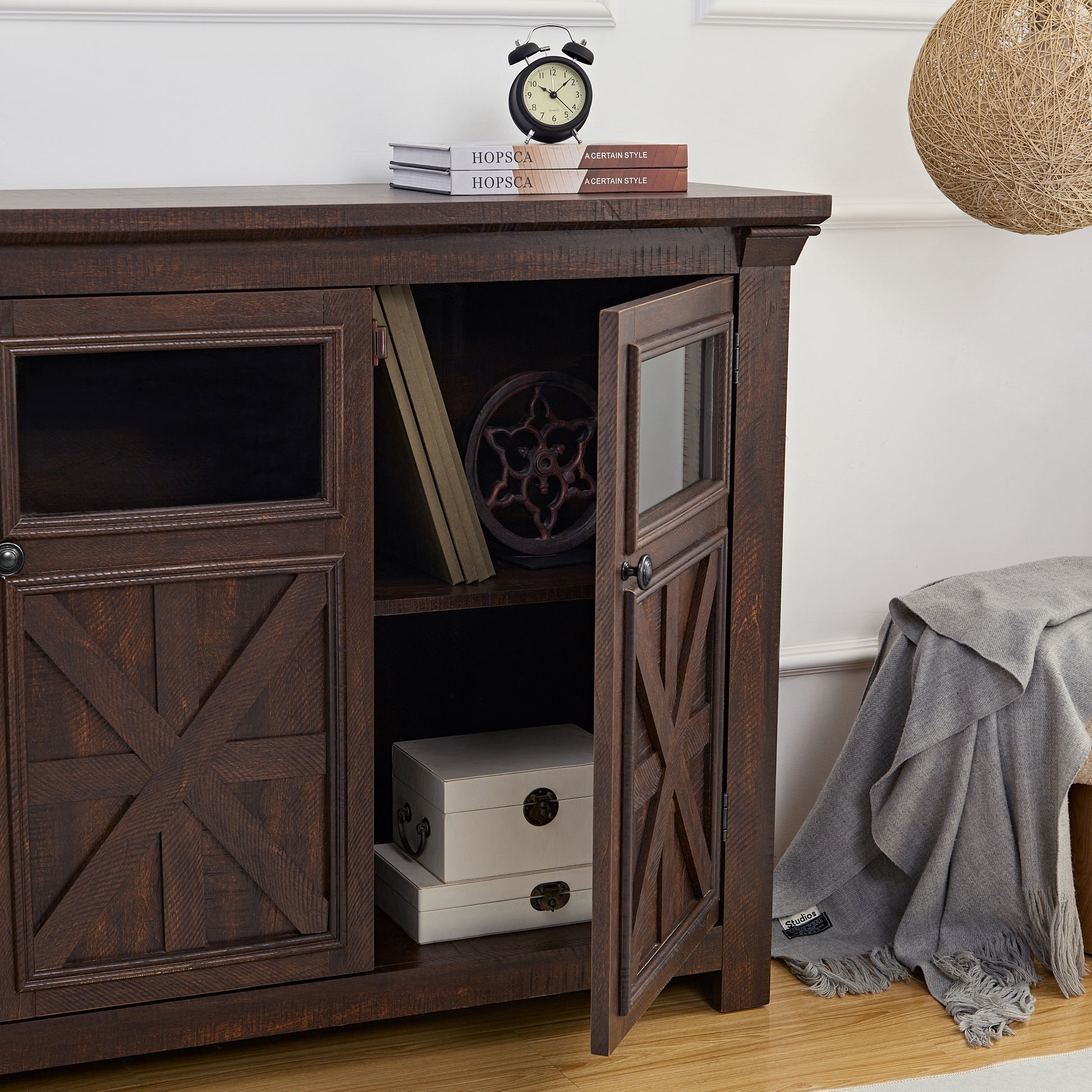 Farmhouse Sideboard Buffet Cabinet With Storage With 4 Doors, Kitchen Storage Cabinet, Coffee Bar Cabinet With Adjustable Shelf For Kitchen, Living Room, L68.35''*W15.35"*H34.65", Espresso Espresso