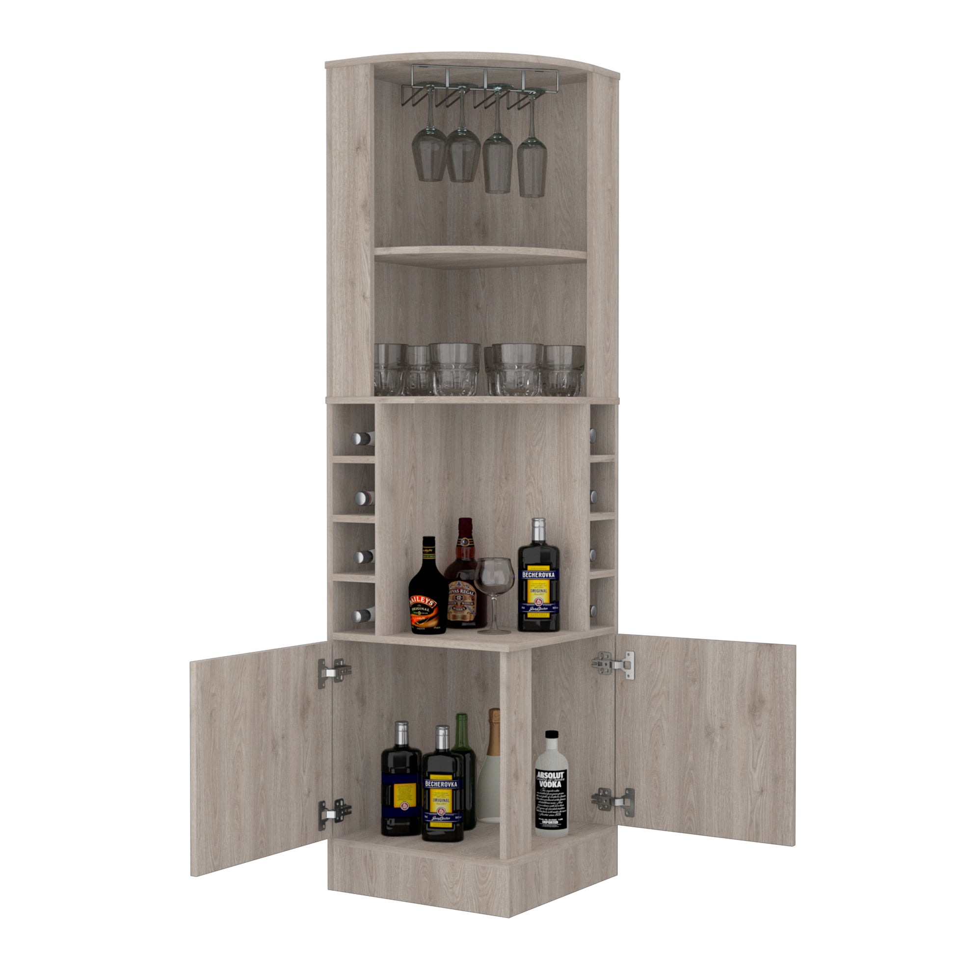 Syrah Corner Bar Cabinet, Eight Bottle Cubbies, Double Door, Two Open Shelves Light Gray Light Gray Particle Board