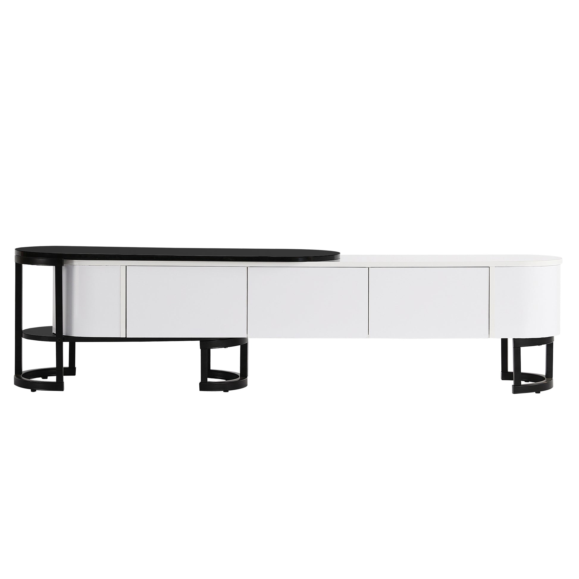 67.7'' 76.4'' Modern Extendable Tv Stand For Tvs Up To 75 Inches, Entertainment Center Media Console With 3 Drawers, Metal Adjustable Legs For Living Room White Black 70 79 Inches Particle Board Mdf