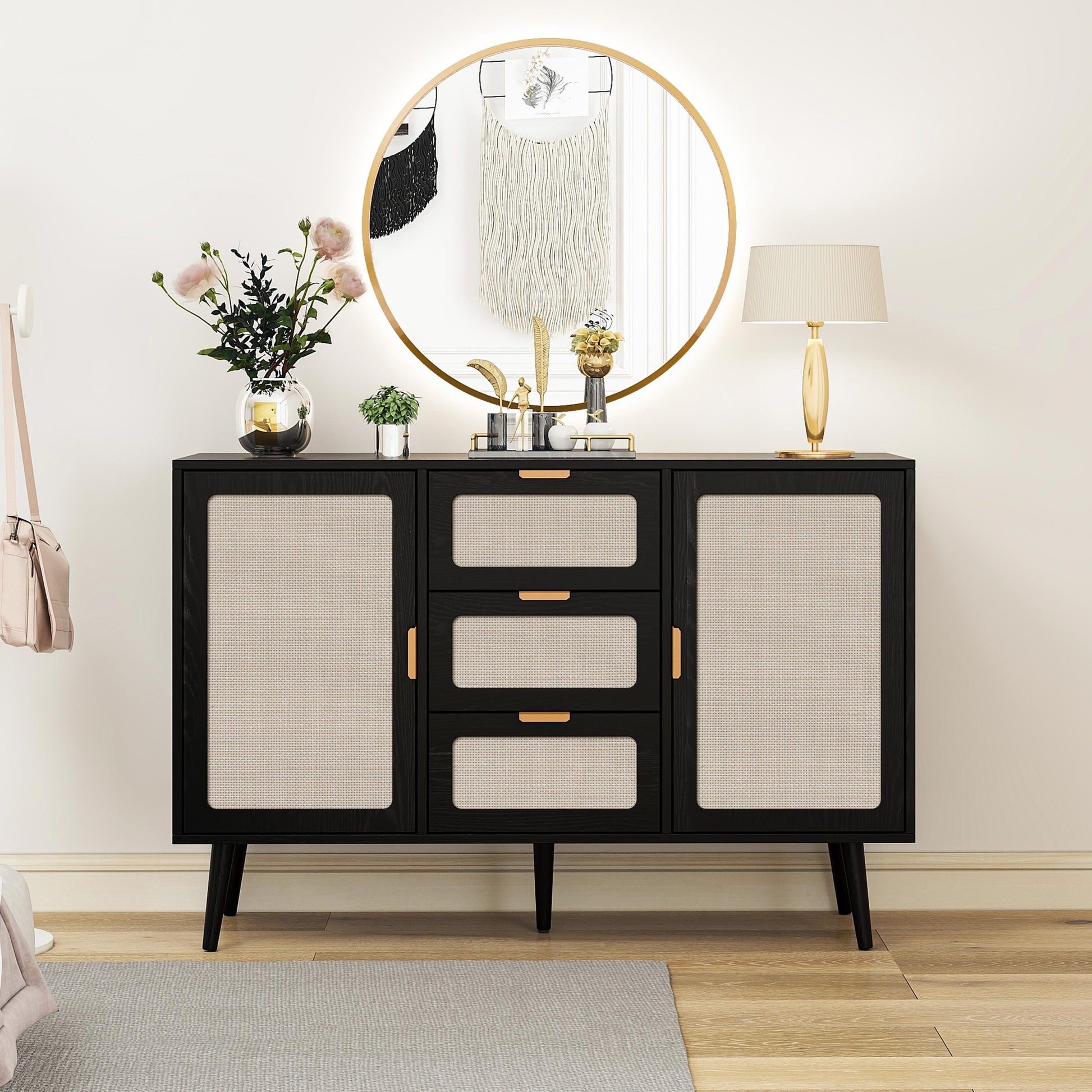 2 Door 3 Drawer Cabinet, Accent Storage Cabinet, Suitable For Living Room, Bedroom, Dining Room, Study Black Mdf