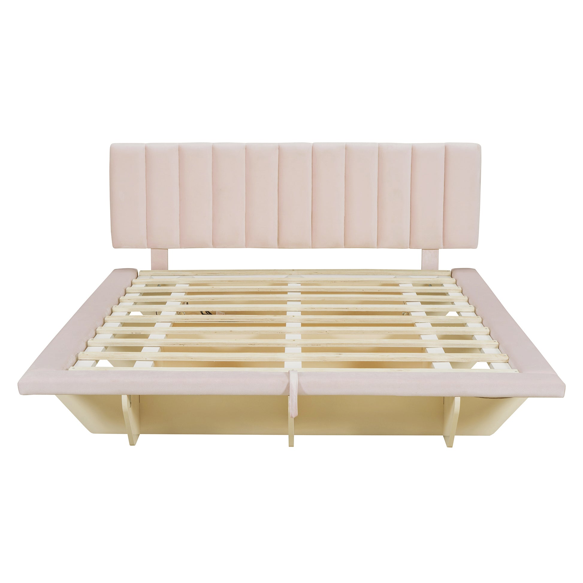 Queen Size Upholstered Floating Bed With Led Light And Usb Port, Velvet, Pink, Hydrualic Platform Bed Queen Pink Velvet