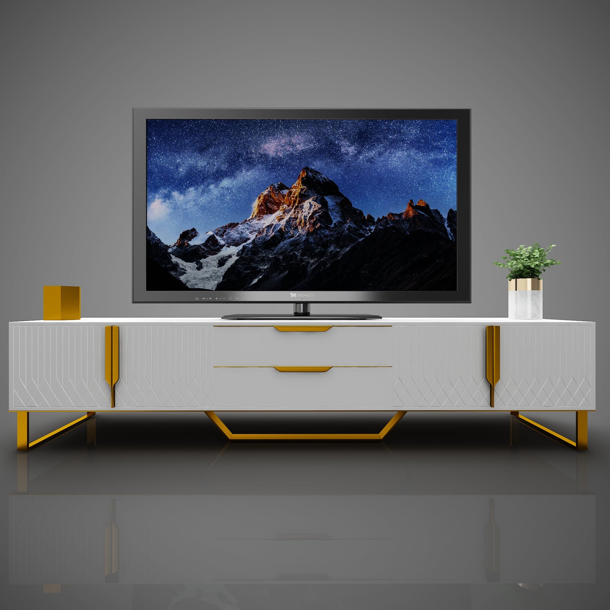 Tv Console With Storage Cabinets, Carve Design Tv Stand With Metal Legs, Large Storage Space Modern Entertainment Center Suit For Living Room, Bedroom, White White Primary Living Space 70 79 Inches 75 Inches Particle Board Particle Board