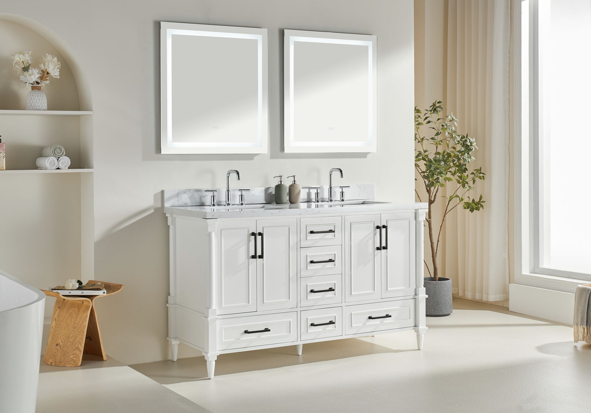 Full Assembled 60'' Freestanding Double Bathroom Vanity With Extra Black Handles 4 White 4 Soft Close Doors Bathroom Freestanding Solid Wood Painted