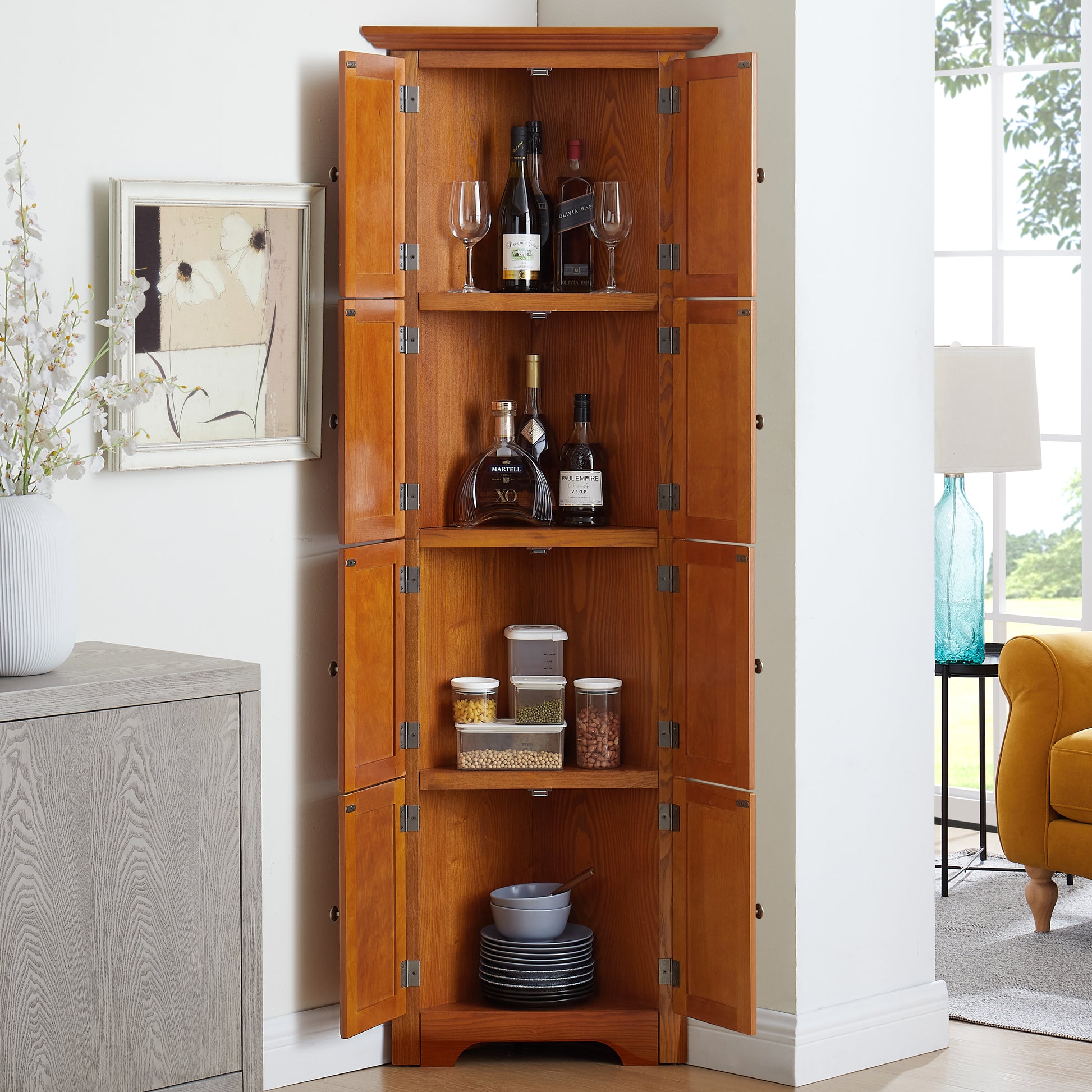 4 Tier 72" Corner Kitchen Pantry Storage Cabinet With 8 Doors Tall Storage Cabinet, Corner Cabinet And Adjustable Shelves, Home Farmhouse Bookshelf Cabinet For Bathroom, Living Room, Kitchen Oak Oak