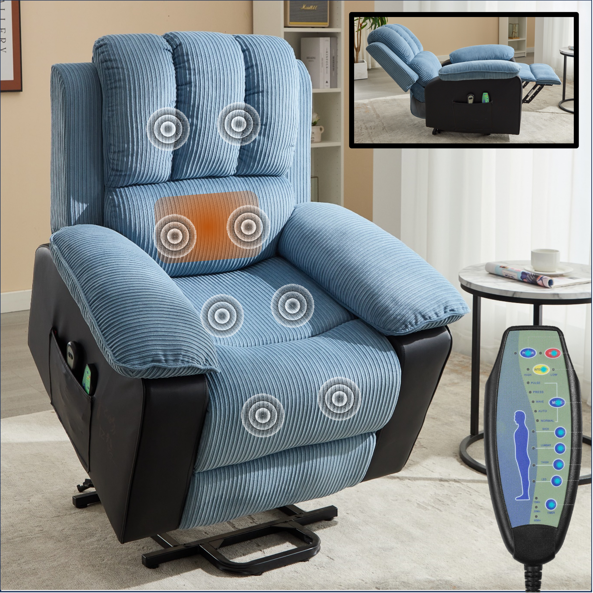 Recliner Chair With Heat And Vibrating Massage, Comfy Padded Overstuffed Soft Fabric Heated Recliner Blue And Black Black Blue Power Push Button Metal ... Recliner Chair With Heat And Vibrating Massage, Comfy Padded Overstuffed Soft Fabric Heated Recliner Blue And Black Black Blue Power Push Button Metal ...