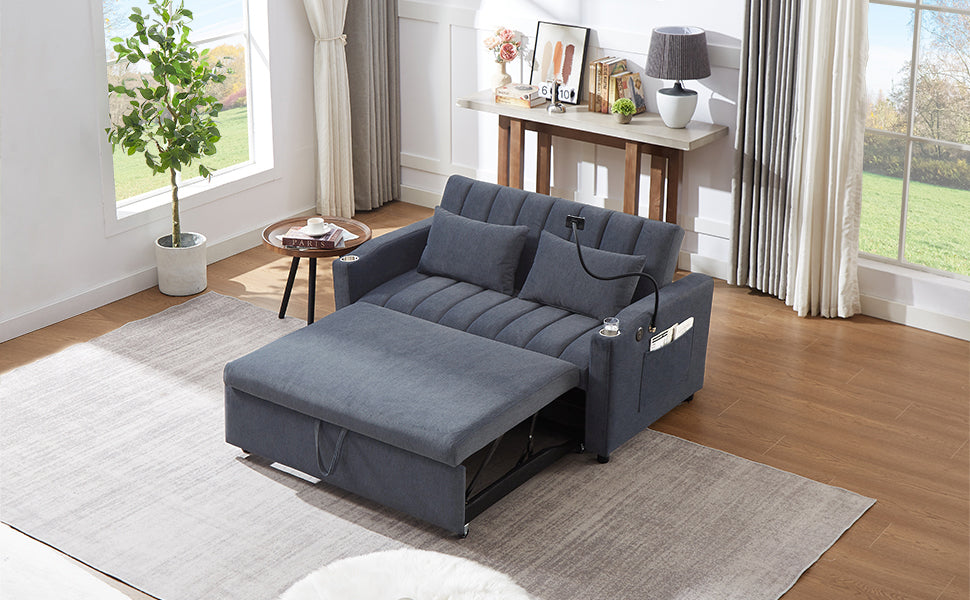 55.9" Convertible Sofa Bed Loveseat Sofa With Three Usb Ports, Two Side Pockets, Two Cup Holders And 360 Swivel Phone Holder For Living Room, Blue Grey Blue Gray Foam Polyester