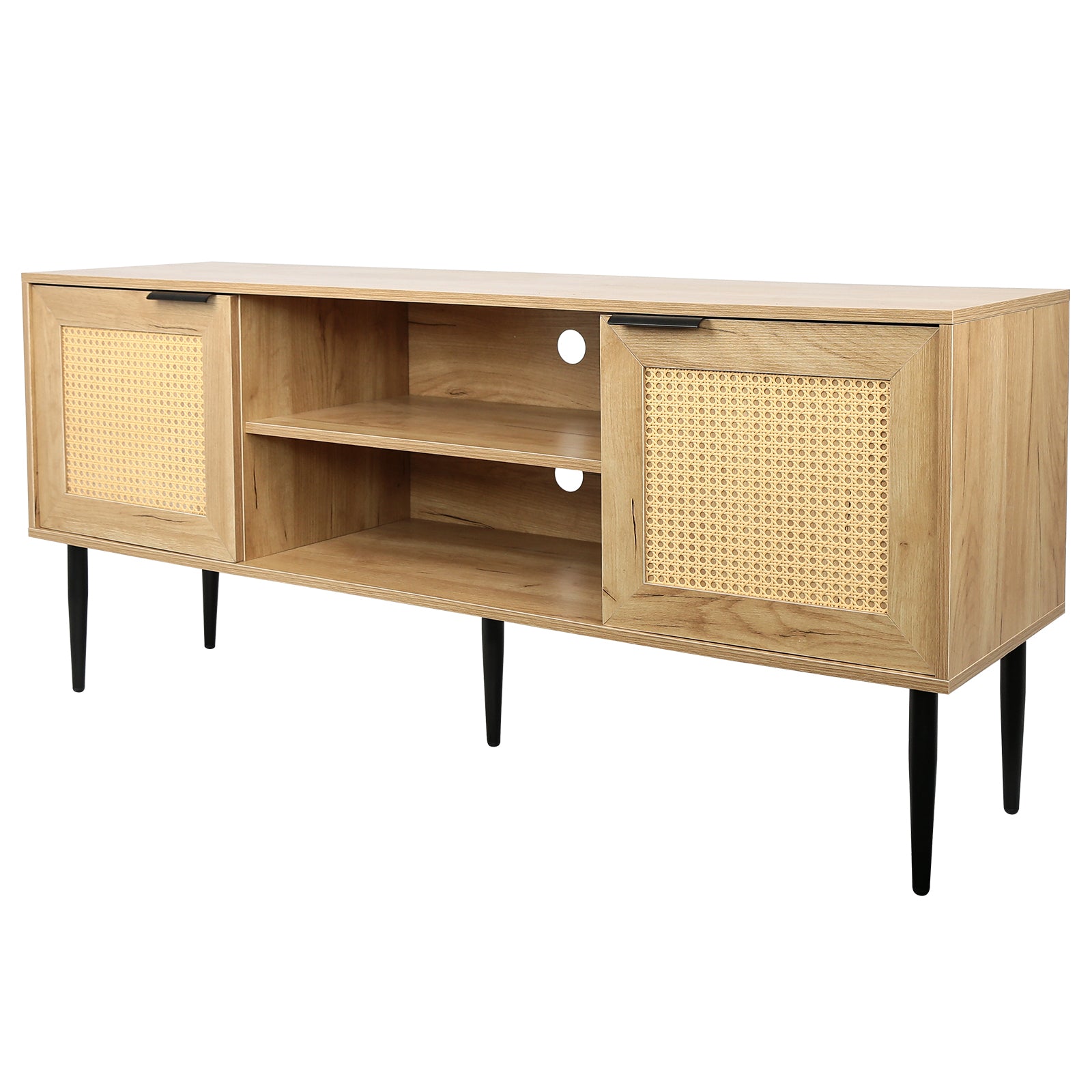 Wooden Tv Stand For Tvs Up To 65 Inches,With 2 Rattan Decorated Doors And 2 Open Shelves,Living Room Tv Console Table Wooden Entertainment Unit, Natural Color Natural Particle Board