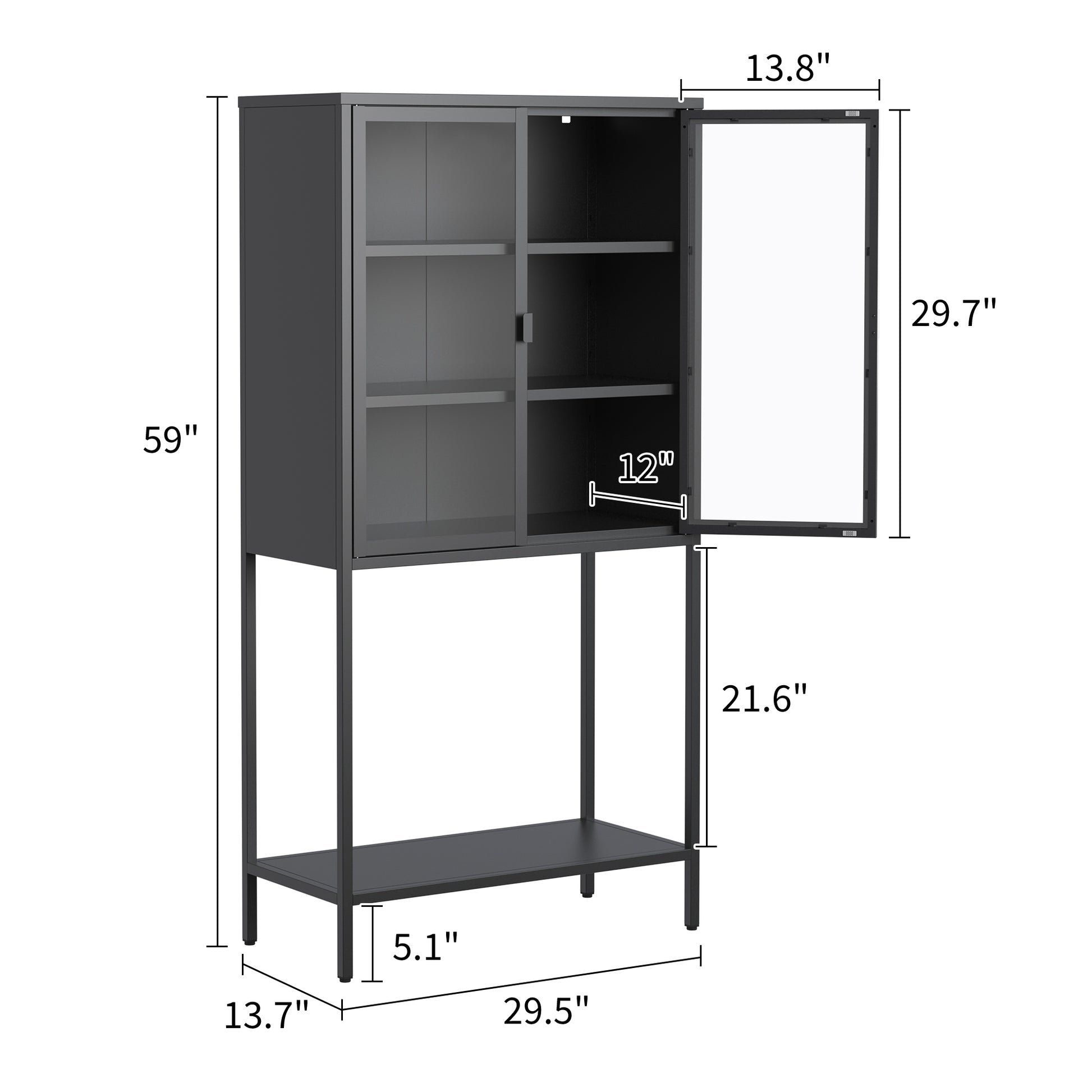 59"H Heavy Duty Metal Storage Cabinet,Sideboards & Buffet,Display Storage Cabinet With Glass Doors And 2 Adjustable Shelves, Tall Bookcase Modern Bookshelf Cabinet For Home Office, Living Room Black Primary Living Space Modern Metal Metal