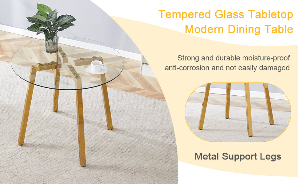 Modern Luxurious Round Tempered Glass Dining Table With Gold 7 Shaped Metal Legs,Suitable For Family Meals, Office Conferences, Or As A Casual Coffee Table For Various Occasions.36*36*29.5 Gold