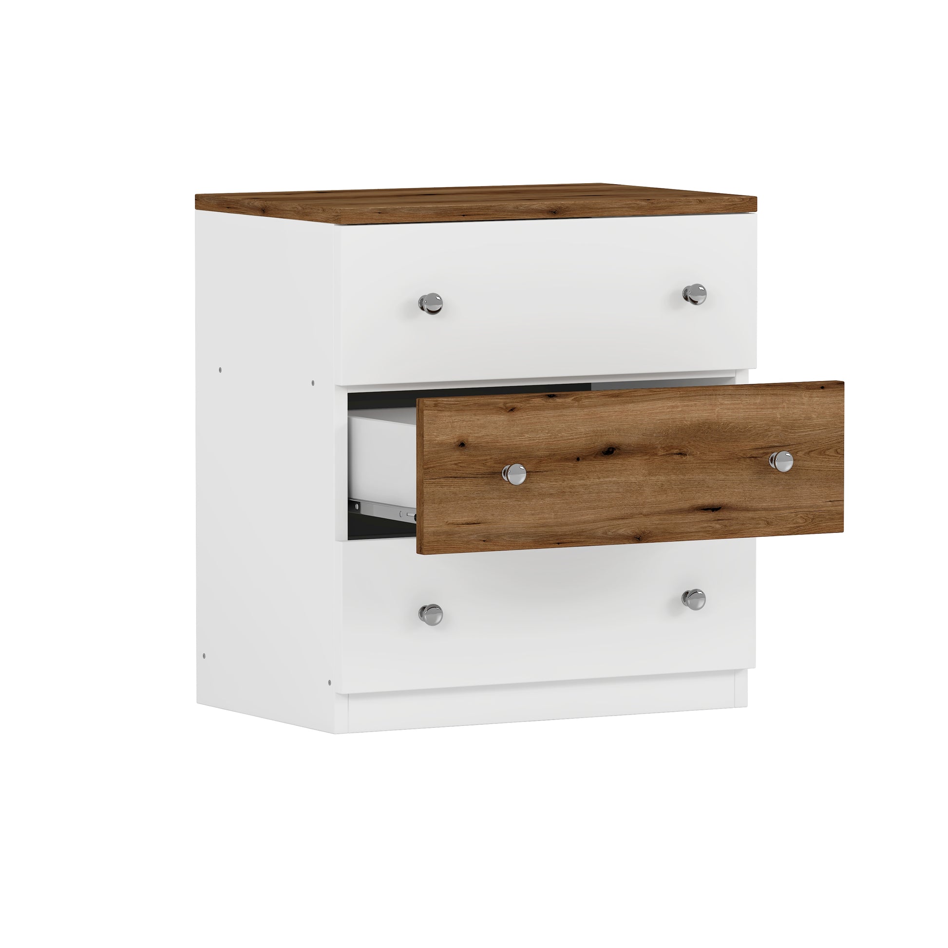 3 Drawer Wooden Nightstand With Colorblock Design And Plastic Handle, Wood Side Table With Storage Cabinet For Bedroom, White Brown Brown White Wood