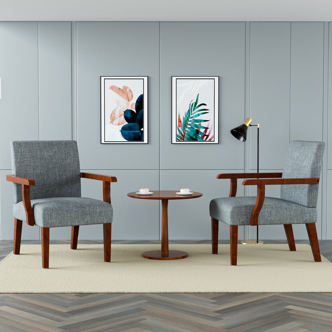 Fabric Accent Arm Chair Set Of 2 With Round Wood Table Grey Fabric