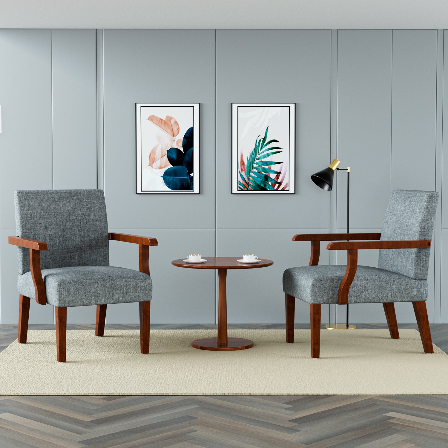 Fabric Accent Arm Chair Set Of 2 With Round Wood Table Grey Fabric