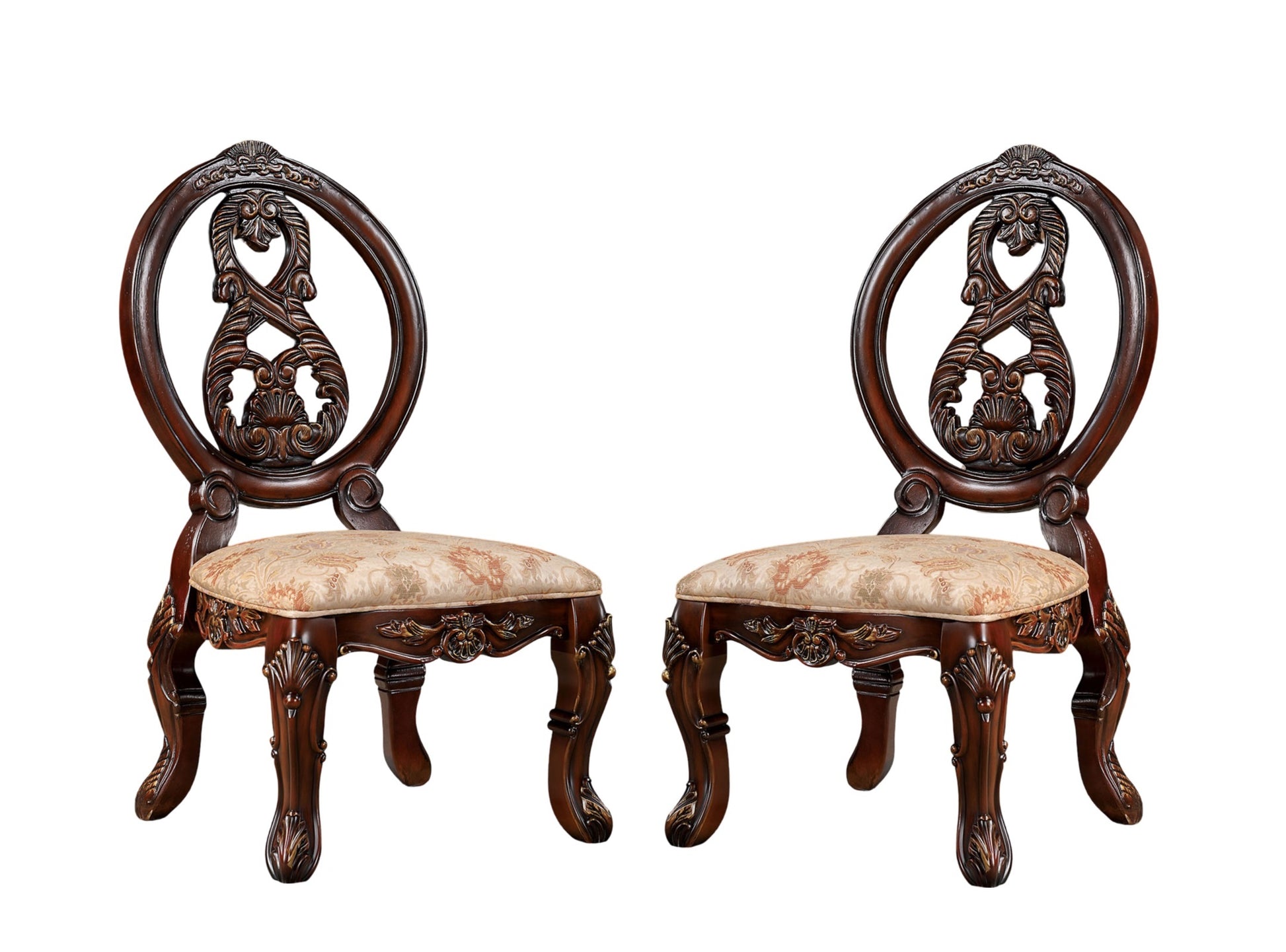 Traditional Brown Cherry 2Pcs Side Chairs Tan Fabric Seats W Welt Faux Wood Carved Details Solid Wood Dining Room Furniture Brown,Tan Brown Dining Room Luxury,Traditional,Vintage Dining Chairs