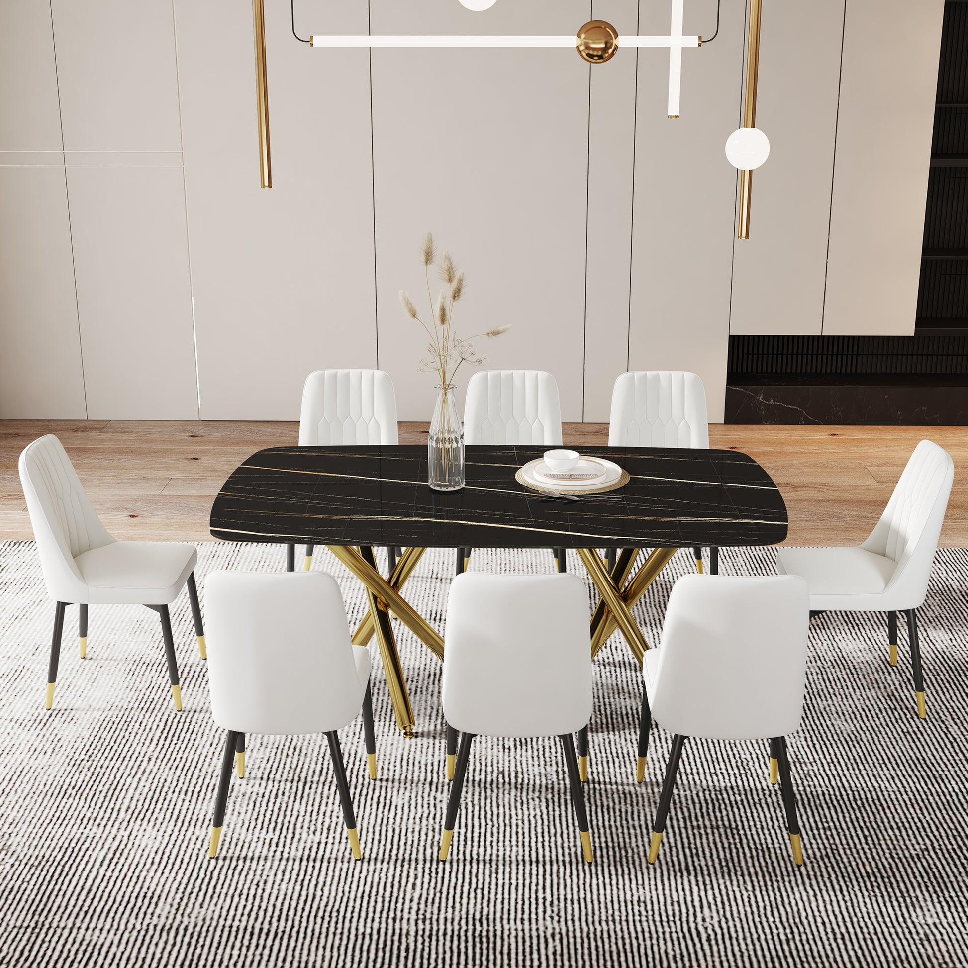 Large Modern Minimalist Rectangular Dining Table With 0.39 "Imitation Marble Black Tabletop And Golden Metal Legs, Paired With Chairs With Pu Cushions And Black Metal Legs. F 1538 C 007 Black Gold Glass Metal