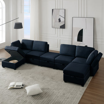 Modular Sectional Sofa U Shaped Sectional Couch With Ottoman, 7 Seat Modular Sofa With Chaise For Living Room, Adjustable Arms And Backs Blue Blue Polyester 4 Seat