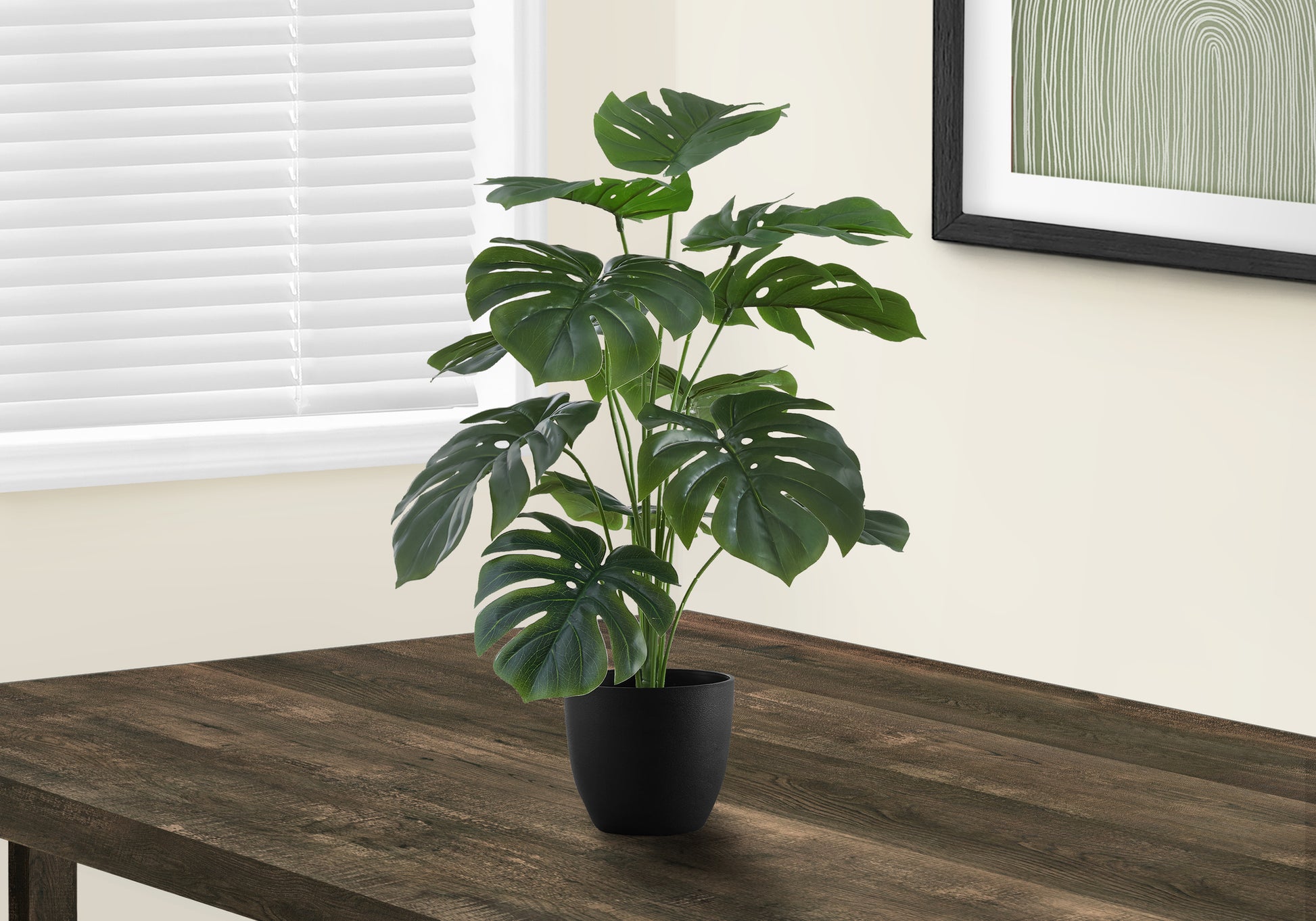 monstera deliciosa artificial Artificial Plant, 24" Tall, Monstera, Indoor, Faux, Fake, Table, Greenery, Potted, Real Touch, Decorative, Green Leaves, Black Pot Green Foam Plastic