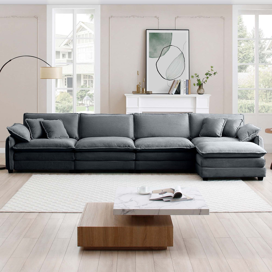 Corduroy Sofa Modern Upholstered 4 Seater With With 1 Footstool Corduroy Fabric Sofaoffice Living Room Apartment Comfort Sofa, Easy To Assemble With 2 Arm Pillows And 4 Throw Pillows Grey Corduroy 4 Seat