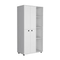 Misuri Wardrobe Armoire With Double Door, Drawer, Hanging Rod, And Open Shelves White White Particle Board