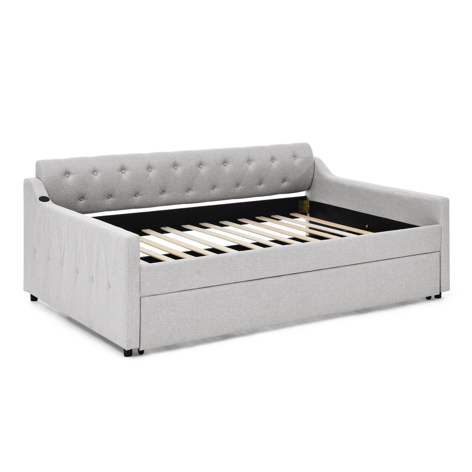 Full Size Upholstery Daybed With Twin Size Erectable Trundle And Usb Charging Design, Linen Beige Box Spring Not Required Full Beige Bedroom Linen Linen